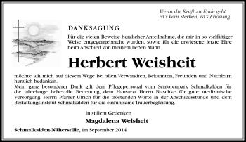 Traueranzeige von Herbert Weisheit von Südthüringer Presse