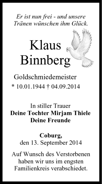 Traueranzeige von Klaus Binnberg von Neue Presse Coburg