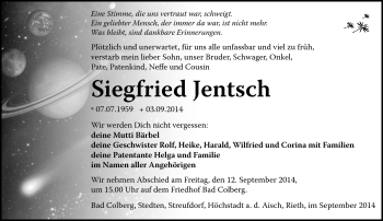 Traueranzeige von Siegfried Jentsch von Südthüringer Presse