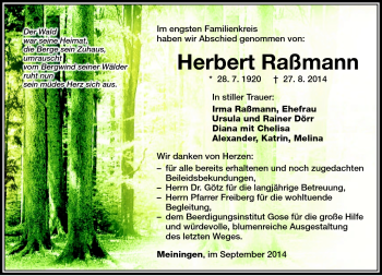 Traueranzeige von Herbert Raßmann von Südthüringer Presse
