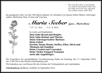 Traueranzeige von Maria Seeber von Südthüringer Presse