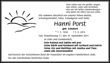 Traueranzeige von Hanni Porst von Frankenpost
