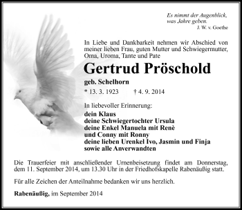 Traueranzeige von Gertrud Pröschold von Südthüringer Presse