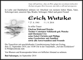 Traueranzeige von Erich Wutzke von Südthüringer Presse