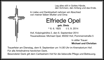 Traueranzeige von Elfriede Opel von Frankenpost