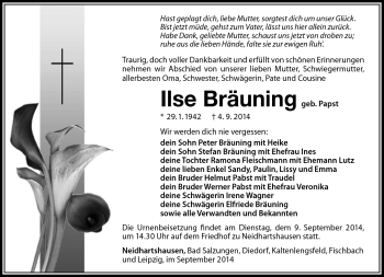 Traueranzeige von Ilse Bräuning von Südthüringer Presse