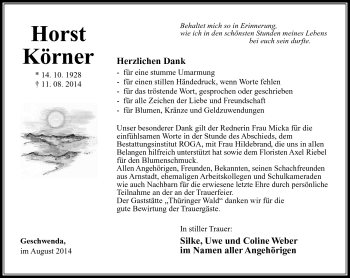 Traueranzeige von Horst Körner von Südthüringer Presse