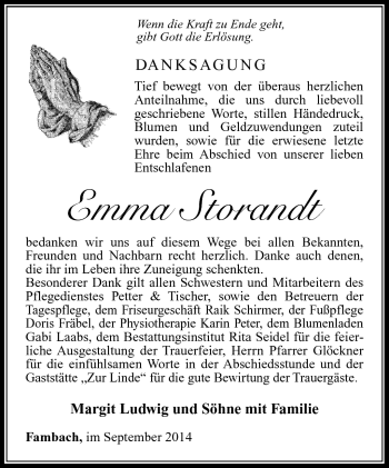 Traueranzeige von Emma Storandt von Südthüringer Presse