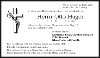 Traueranzeige von Otto Hager von Frankenpost