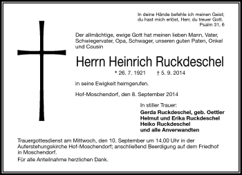 Traueranzeige von Heinrich Ruckdeschel von Frankenpost