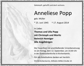 Traueranzeige von Anneliese Popp von Frankenpost