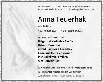 Traueranzeige von Anna Feuerhak von Frankenpost