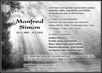 Traueranzeige von Manfred Simon von Südthüringer Presse