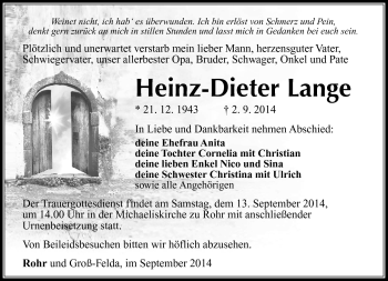 Traueranzeige von Heinz-Dieter Lange von Südthüringer Presse