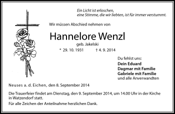 Traueranzeige von Hannelore Wenzl von Neue Presse Coburg
