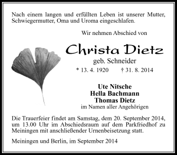 Traueranzeige von Christa Dietz von Südthüringer Presse