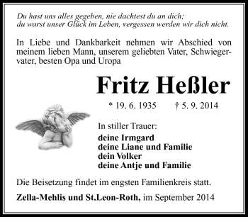 Traueranzeige von Fritz Heßler von Südthüringer Presse