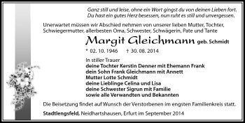 Traueranzeige von 02.10.1946 30.08.2014 von Südthüringer Presse