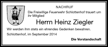 Traueranzeige von Heinz Ziegler von Frankenpost