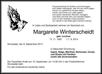Traueranzeige von Margarete Winterscheidt von Frankenpost