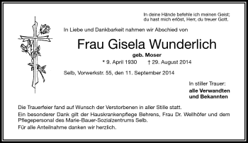 Traueranzeige von Gisela Wunderlich von Frankenpost
