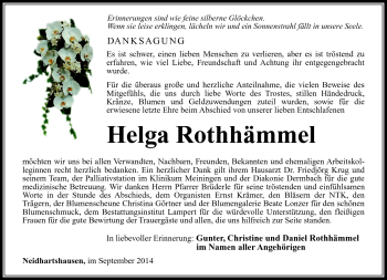 Traueranzeige von Helga Rothhämmel von Südthüringer Presse