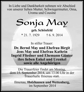 Traueranzeige von Sonja May von Südthüringer Presse