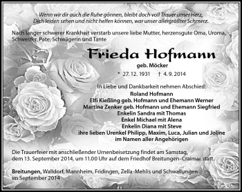 Traueranzeige von Frieda Hofmann von Südthüringer Presse