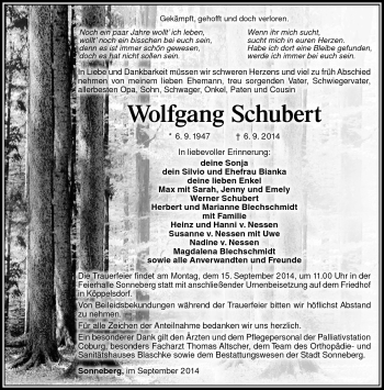 Traueranzeige von Wolfgang Schubert von Südthüringer Presse