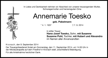 Traueranzeige von Annemarie Toesko von Neue Presse Coburg