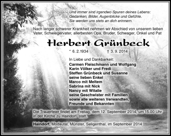 Traueranzeige von herbert Grünbeck von Südthüringer Presse