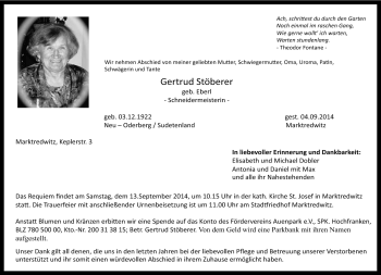 Traueranzeige von Gertrud Stöberer von Frankenpost
