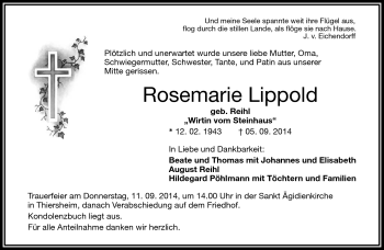 Traueranzeige von Rosemarie Lippold von Frankenpost