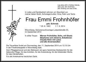 Traueranzeige von Emmi Frohnhöfer von Frankenpost