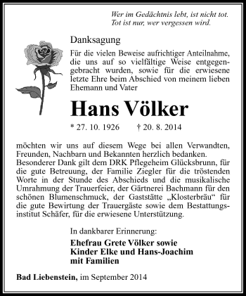 Traueranzeige von Hans Völker von Südthüringer Presse