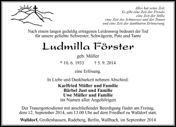 Traueranzeige von Ludmilla Förster von Südthüringer Presse