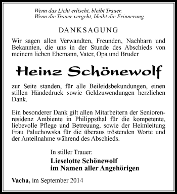 Traueranzeige von Heinz Schönewolf von Südthüringer Presse
