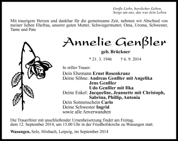 Traueranzeige von Annelie Genßler von Südthüringer Presse