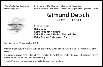 Traueranzeige von Raimund Detsch von Neue Presse Coburg