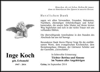 Traueranzeige von Inge Koch von Südthüringer Presse