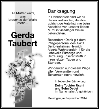 Traueranzeige von Gerda Taubert von Südthüringer Presse