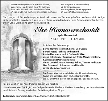 Traueranzeige von Else Hammerschmidt von Südthüringer Presse