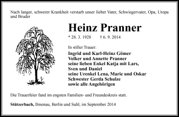 Traueranzeige von Heinz Pranner von Südthüringer Presse