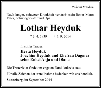 Traueranzeige von Lothar Heyduk von Südthüringer Presse