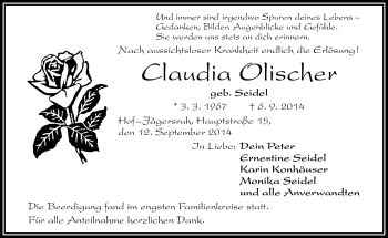 Traueranzeige von Claudia Olischer von Frankenpost