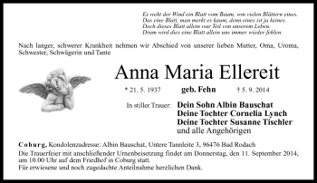 Traueranzeige von Anna Maria Ellereit von Neue Presse Coburg