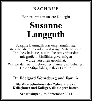 Traueranzeige von Susanne Langguth von Südthüringer Presse