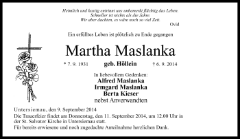 Traueranzeige von Martha Maslanka von Neue Presse Coburg
