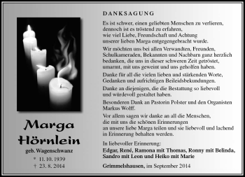 Traueranzeige von Marga Hörnlein von Südthüringer Presse