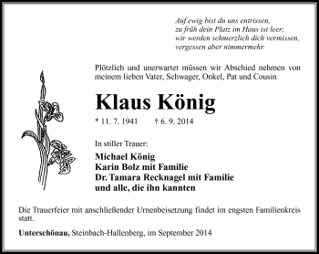 Traueranzeige von Klaus König von Südthüringer Presse